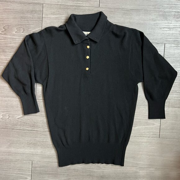 Vtg 80s Ballantyne Cashmere Black 3/4 Sleeve Gold Button Collared Sweater Size S - Picture 1 of 6